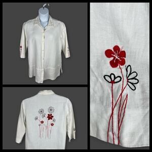 Norton McNaughton White Linen Floral Embroidered Button Collared Tunic Top XL